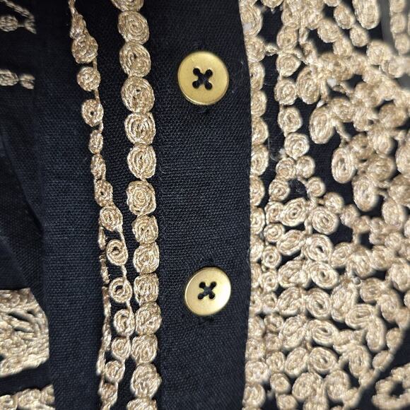 Roller Rabbit Embroidery Maxi Dress XS Black Gold 3/4 Sleeve Pocket Slits Kaftan - Picture 11 of 12